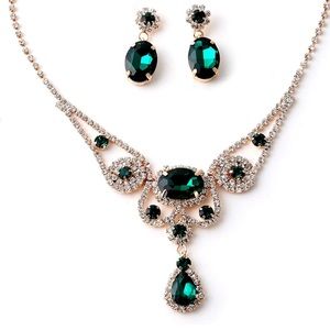 Gold, Crystal Rhinestone and Emerald Green Stones Jewelry Set